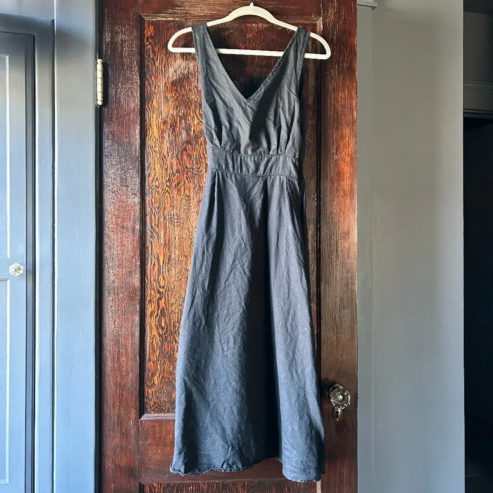Cynthia Rowley 100% Linen Black V-Neck Sleeveless Dress Ruched Pockets Size 6 - Picture 1 of 7